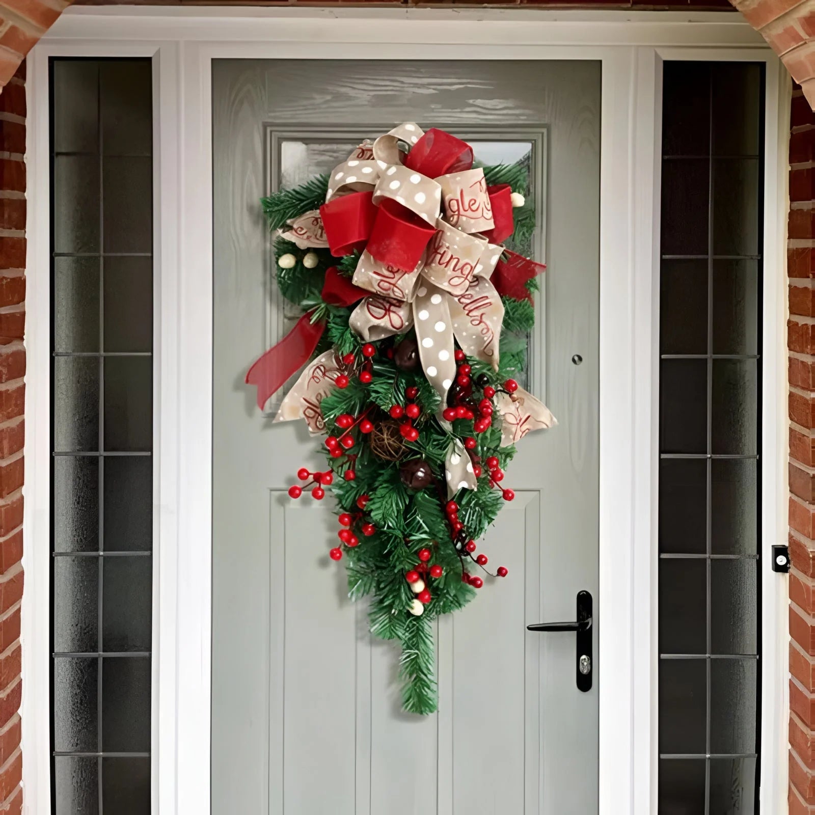 Upside Down Christmas Tree Door Swag with Bows and Berries, 60cm PVC Holiday Decoration, festive and unique holiday decor for doorways 0